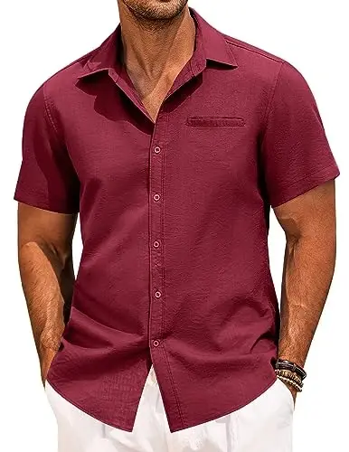 COOFANDY Mens Casual Linen Shirt Short Sleeve Tugmali Yozgi Plaj Gavayi Ko'ylaklari - 1