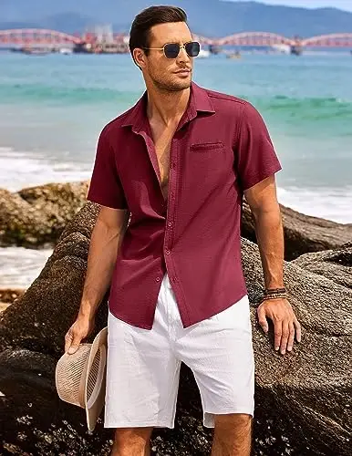 COOFANDY Mens Casual Linen Shirt Short Sleeve Tugmali Yozgi Plaj Gavayi Ko'ylaklari - 3