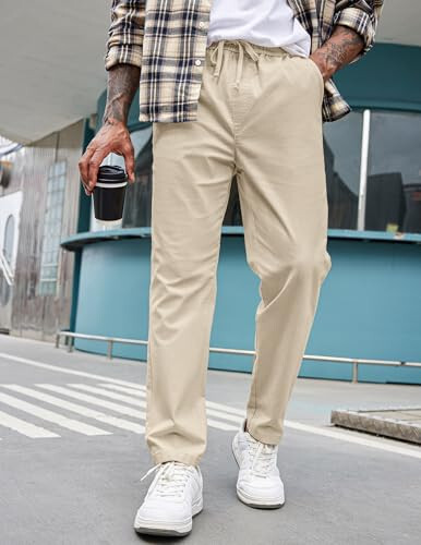 COOFANDY Mens Casual Pants Elastic Waist Drawstring Chino Pants Tapered Cotton Twill Trousers with Pockets - 3