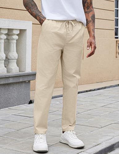 COOFANDY Mens Casual Pants Elastic Waist Drawstring Chino Pants Tapered Cotton Twill Trousers with Pockets - 4