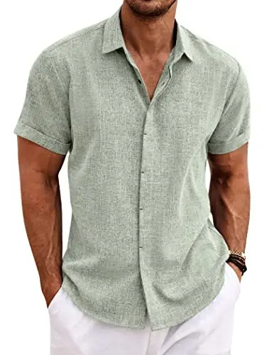 COOFANDY Men's Casual Shirts Button Up Shirt Linen Summer Beach Outfit Yoga Tee Light Green Large 