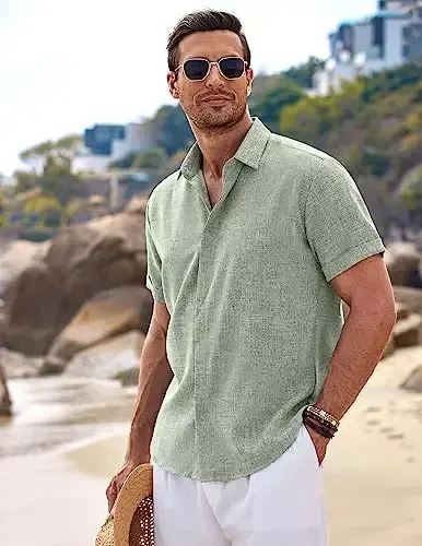COOFANDY Men's Casual Shirts Button Up Shirt Linen Summer Beach Outfit Yoga Tee Light Green Large - 2