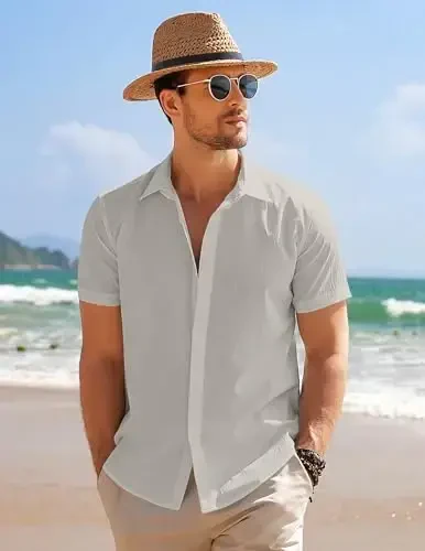 COOFANDY Men's Casual Short Sleeve Button Down Summer Beach Shirt Lightweight Textured Wrinkle Free Stretch Shirts - 2