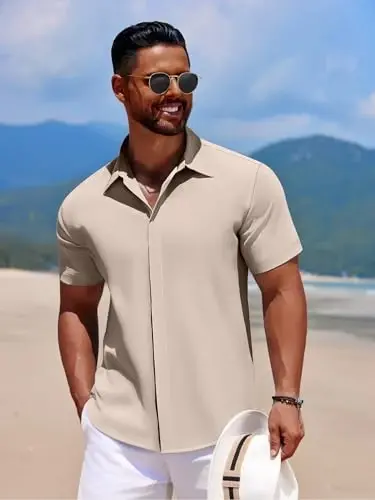 COOFANDY Men's Casual Short Sleeve Button Down Summer Beach Shirt Lightweight Textured Wrinkle Free Stretch Shirts - COOFANDY (1)
