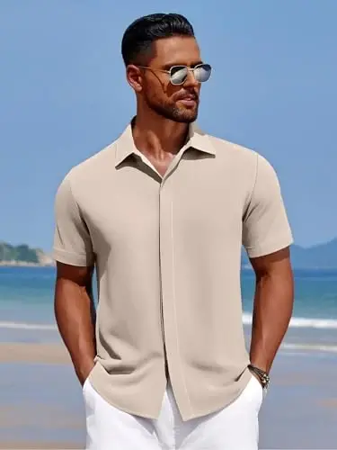 COOFANDY Men's Casual Short Sleeve Button Down Summer Beach Shirt Lightweight Textured Wrinkle Free Stretch Shirts - 3