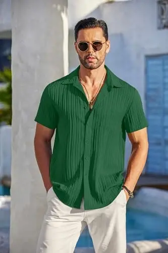 COOFANDY Mens Casual Short Sleeve Shirts Summer Beach Shirt Button Down Textured Shirts Vacation Hawaiian Shirts - COOFANDY (1)