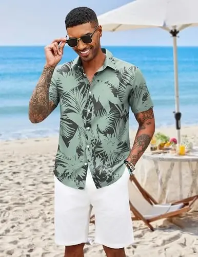 COOFANDY Mens Casual Short Sleeve Shirts Summer Beach Shirt Button Down Textured Shirts Vacation Hawaiian Shirts - 2