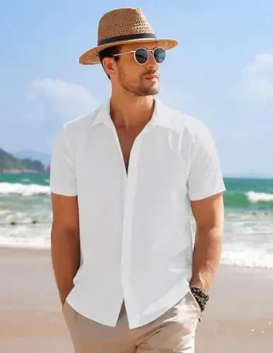 COOFANDY Men's Casual Short Sleeve Button Down Summer Beach Shirt Lightweight Textured Wrinkle Free Stretch Shirts - 2