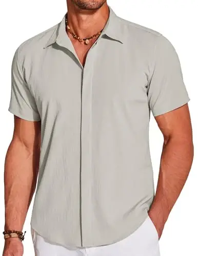COOFANDY Men's Casual Short Sleeve Tugmali Yozgi Plyaj Ko'ylak Yengil Teksturali Ajinlarsiz Stretch Ko'ylaklar 
