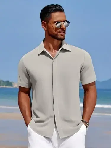 COOFANDY Men's Casual Short Sleeve Tugmali Yozgi Plyaj Ko'ylak Yengil Teksturali Ajinlarsiz Stretch Ko'ylaklar - 4