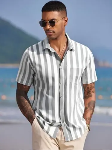 COOFANDY Men's Casual Summer Beach Wrinkle Free Shirts Short Sleeve Button Down Lightweight Untucked Textured Shirt - 2