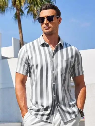 COOFANDY Men's Casual Summer Beach Wrinkle Free Shirts Short Sleeve Button Down Lightweight Untucked Textured Shirt - 3