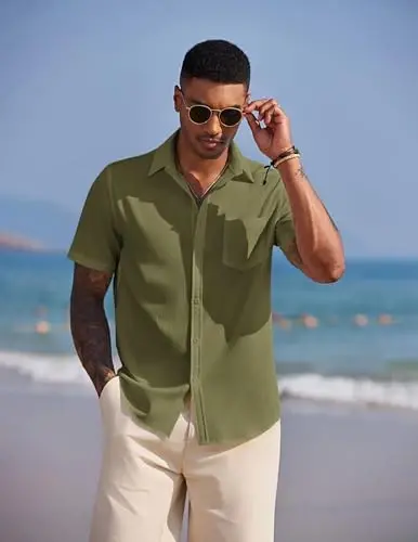 COOFANDY Men's Casual Summer Beach Wrinkle Free Shirts Short Sleeve Button Down Lightweight Untucked Textured Shirt - 3