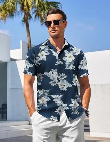 COOFANDY Men's Casual Summer Beach Wrinkle Free Shirts Short Sleeve Button Down Lightweight Untucked Textured Shirt - 3