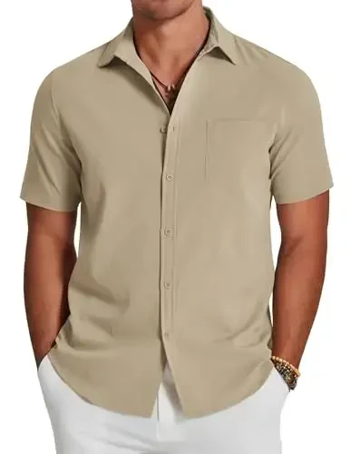 COOFANDY Men's Casual Summer Beach Wrinkle Free Shirts Short Sleeve Button Down Lightweight Untucked Textured Shirt - 1