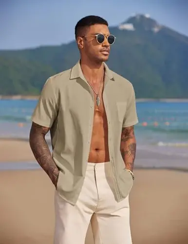 COOFANDY Men's Casual Summer Beach Wrinkle Free Shirts Short Sleeve Button Down Lightweight Untucked Textured Shirt - 4