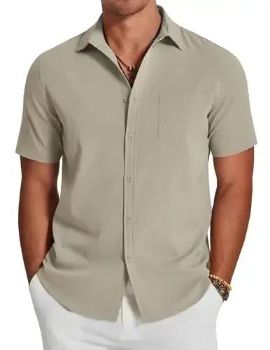 COOFANDY Men's Casual Summer Beach Wrinkle Free Shirts Short Sleeve Button Down Lightweight Untucked Textured Shirt - 1