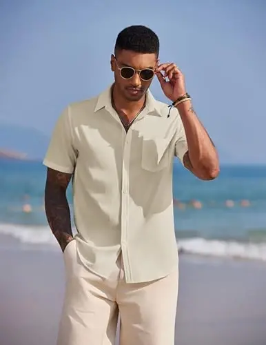 COOFANDY Men's Casual Summer Beach Wrinkle Free Shirts Short Sleeve Button Down Lightweight Untucked Textured Shirt - 3