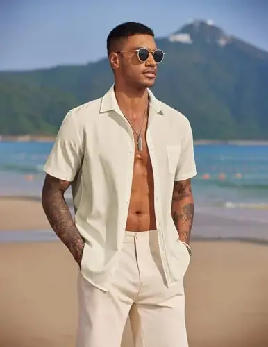 COOFANDY Men's Casual Summer Beach Wrinkle Free Shirts Short Sleeve Button Down Lightweight Untucked Textured Shirt - 4