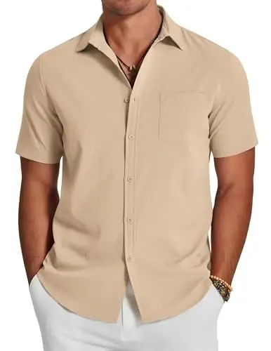 COOFANDY Men's Casual Summer Beach Wrinkle Free Shirts Short Sleeve Button Down Lightweight Untucked Textured Shirt 