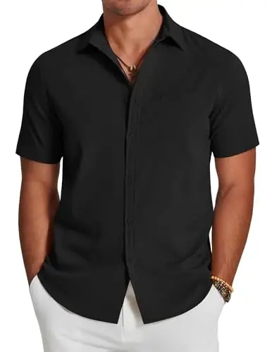 COOFANDY Men's Casual Summer Beach Wrinkle Free Shirts Short Sleeve Button Down Lightweight Untucked Textured Shirt - 1