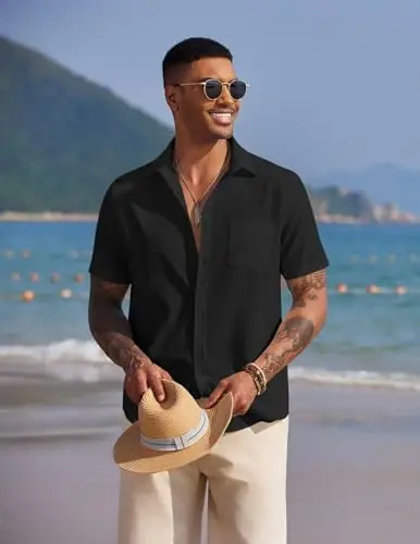 COOFANDY Men's Casual Summer Beach Wrinkle Free Shirts Short Sleeve Button Down Lightweight Untucked Textured Shirt - 2