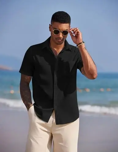 COOFANDY Men's Casual Summer Beach Wrinkle Free Shirts Short Sleeve Button Down Lightweight Untucked Textured Shirt - 3