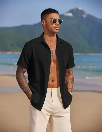 COOFANDY Men's Casual Summer Beach Wrinkle Free Shirts Short Sleeve Button Down Lightweight Untucked Textured Shirt - 4
