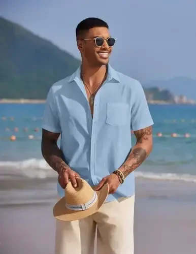 COOFANDY Men's Casual Summer Beach Wrinkle Free Shirts Short Sleeve Button Down Lightweight Untucked Textured Shirt - 2