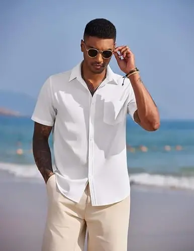 COOFANDY Men's Casual Summer Beach Wrinkle Free Shirts Short Sleeve Button Down Lightweight Untucked Textured Shirt - 3