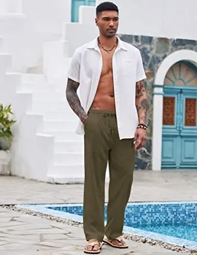 COOFANDY Mens Casual Zig'ir Shim Elastik Bel Zig'ir Shim Ip Yozgi Plaj Yoga Zig'ir Shim - COOFANDY (1)