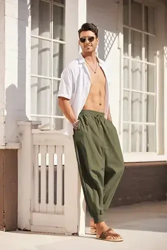 COOFANDY Mens Casual Zig'ir Shim Elastik Bel Zig'ir Shim Ipli Yozgi Plyaj Yoga Zig'ir Shim - 2