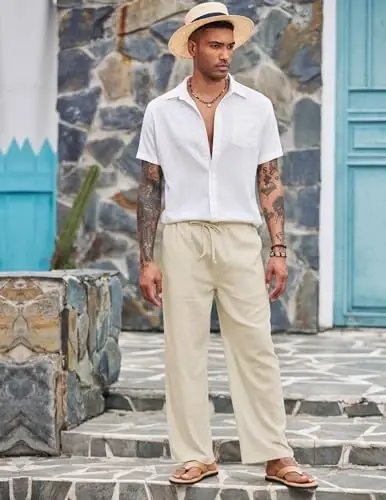 COOFANDY Mens Casual Zig'ir Shimlar Elastik Bel Zig'ir Shimlar Bog'ichli Yozgi Plaj Yoga Zig'ir Shim - 2