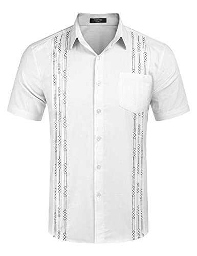 COOFANDY Mens Cotton Linen Cuban Guayabera Shirt Casual Short Sleeve Button Down Shirts Summer Beach Tops - 4