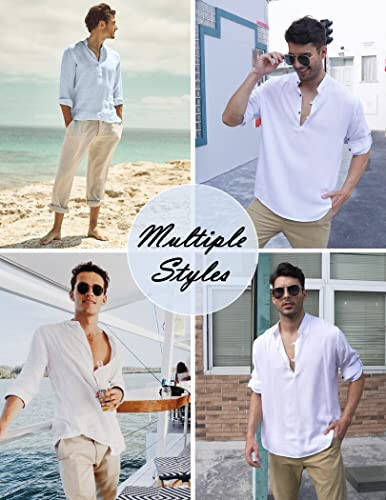 COOFANDY Men's Cotton Linen Henley Shirt Casual Beach Hippie Shirts Long Sleeve T-Shirts - 6