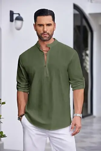 COOFANDY Men's Cotton Linen Henley Shirt Casual Beach Hippie Shirts Long Sleeve T-Shirts - 4