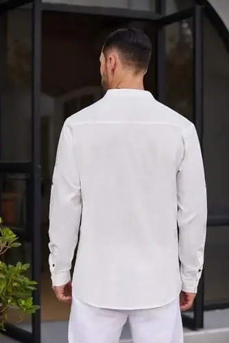 COOFANDY Men's Cotton Linen Henley Shirt Casual Beach Hippie Shirts Long Sleeve T-Shirts - 4
