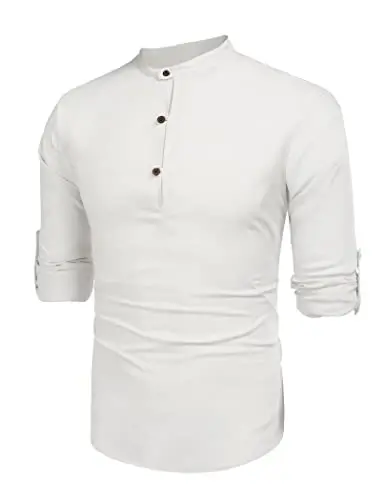 COOFANDY Men's Cotton Linen Henley Shirt Casual Beach Hippie Shirts Long Sleeve T-Shirts - 6