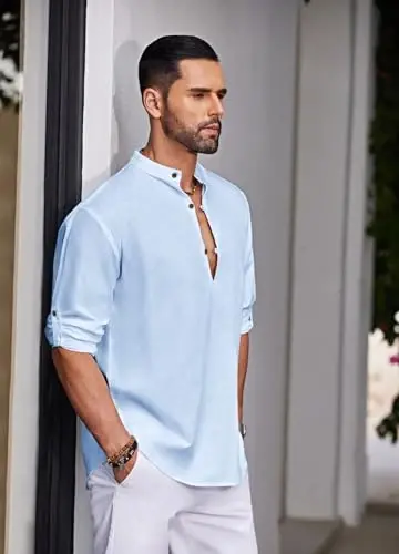 COOFANDY Men's Cotton Linen Henley Shirt Casual Beach Hippie Shirts Long Sleeve T-Shirts - 3