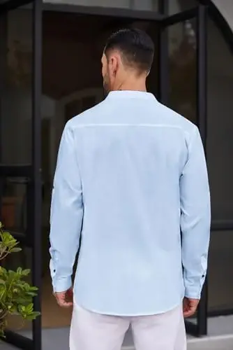 COOFANDY Men's Cotton Linen Henley Shirt Casual Beach Hippie Shirts Long Sleeve T-Shirts - 4