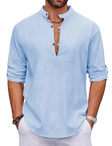 COOFANDY Men's Cotton Linen Henley Shirt Casual Beach Hippie Shirts Long Sleeve T-Shirts - 1