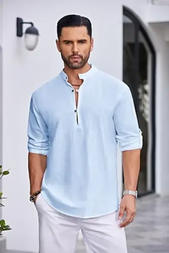 COOFANDY Men's Cotton Linen Henley Shirt Casual Beach Hippie Shirts Long Sleeve T-Shirts - MODAZONE (1)