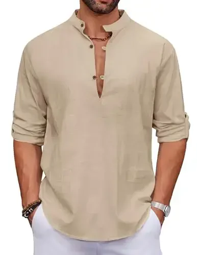 COOFANDY Men's Cotton Linen Henley Shirt Casual Beach Hippie Shirts Long Sleeve T-Shirts - 1