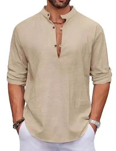 COOFANDY Men's Cotton Linen Henley Shirt Casual Beach Hippie Shirts Long Sleeve T-Shirts - 1