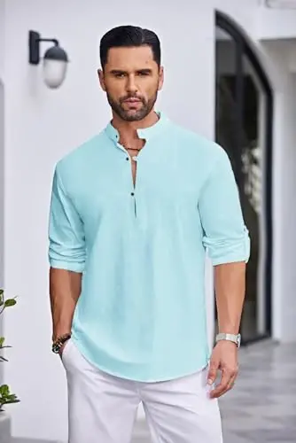 COOFANDY Men's Cotton Linen Henley Shirt Casual Beach Hippie Shirts Long Sleeve T-Shirts - 2