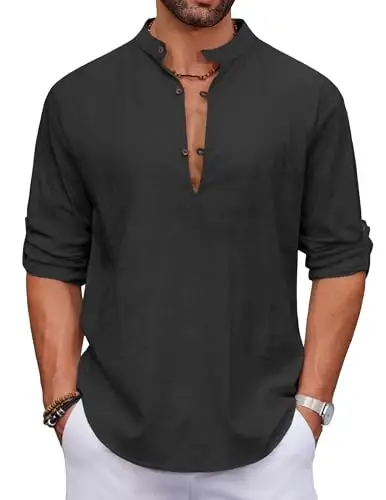 COOFANDY Men's Cotton Linen Henley Shirt Casual Beach Hippie Shirts Long Sleeve T-Shirts - 1