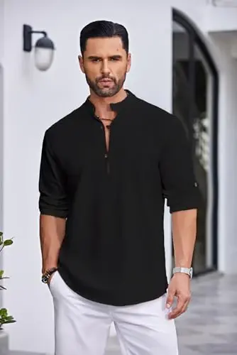 COOFANDY Men's Cotton Linen Henley Shirt Casual Beach Hippie Shirts Long Sleeve T-Shirts - COOFANDY (1)
