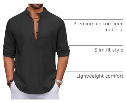 COOFANDY Men's Cotton Linen Henley Shirt Casual Beach Hippie Shirts Long Sleeve T-Shirts - 4