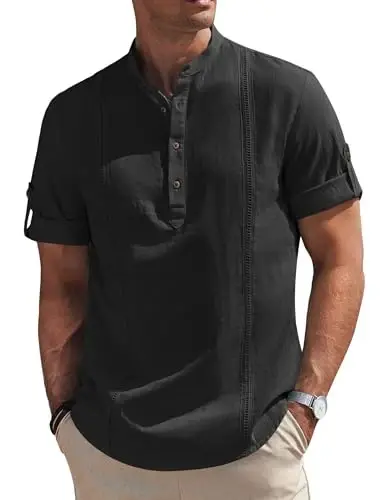 COOFANDY Men's Cotton Linen Henley Shirt Short Sleeve Hippie Casual Band Collar Summer Beach T-Shirts - 1