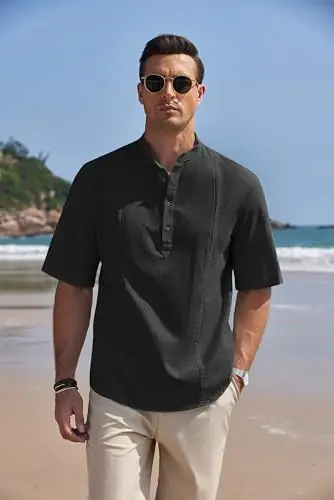 COOFANDY Men's Cotton Linen Henley Shirt Short Sleeve Hippie Casual Band Collar Summer Beach T-Shirts - 4